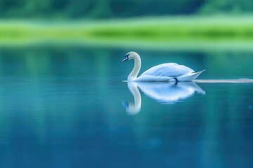 Fototapeta premium A graceful white swan glides serenely on a calm, teal lake, mirrored by its reflection.
