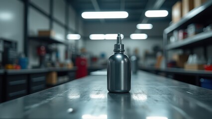 Lubricant bottle, A lubricant bottle on a steel workbench under fluorescent lights in a modern garage hyper-realistic textures in 8K UHD.