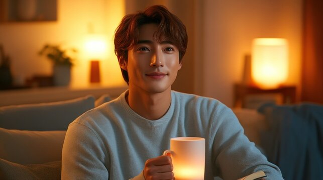 Relaxed man holding mug, cozy living room, warm lighting, reading