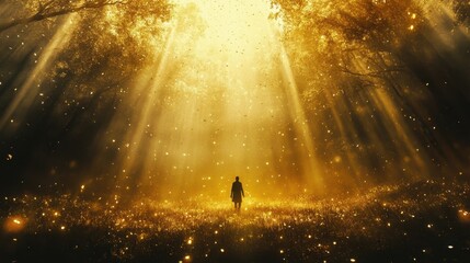 Ethereal Journey Through Mental Health Recovery Symbolized by Figure Emerging from Dark Forest into Sunlit Meadow