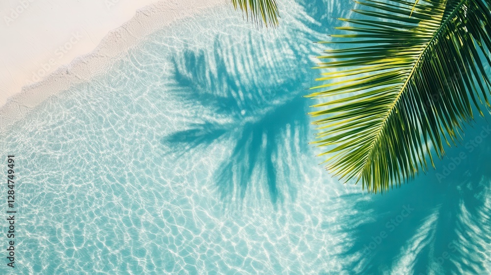 Poster ethereal ocean ripples with dancing palm fronds shadow pattern creating mesmerizing abstract turquoi