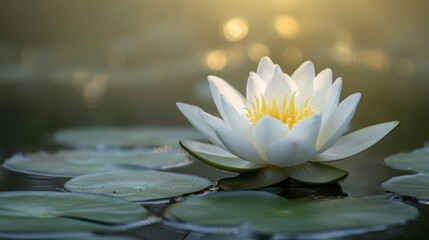 Peaceful white lotus flower on water, sunrise, tranquil pond