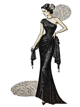 vintage fashion lady in evening dress vecor illustration