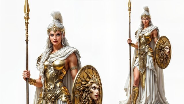 Majestic Warrior Goddess in Gold Armor Holding a Spear and Shield