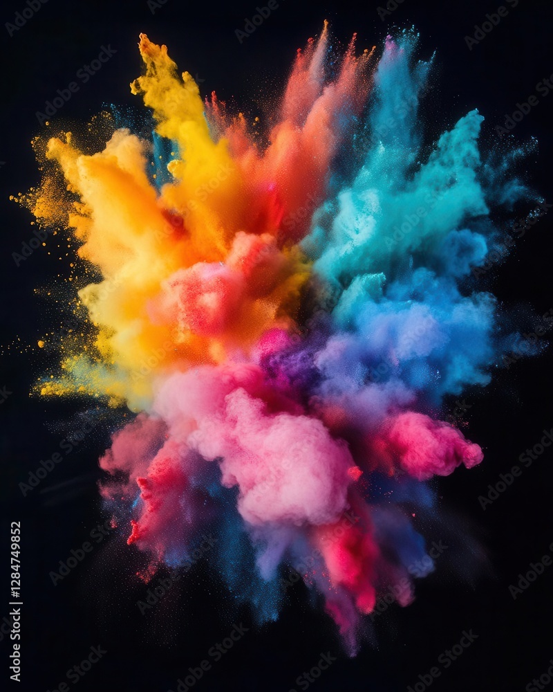 Aufkleber explosive abstract art performance with vibrant color powder cloud formation against deep black back