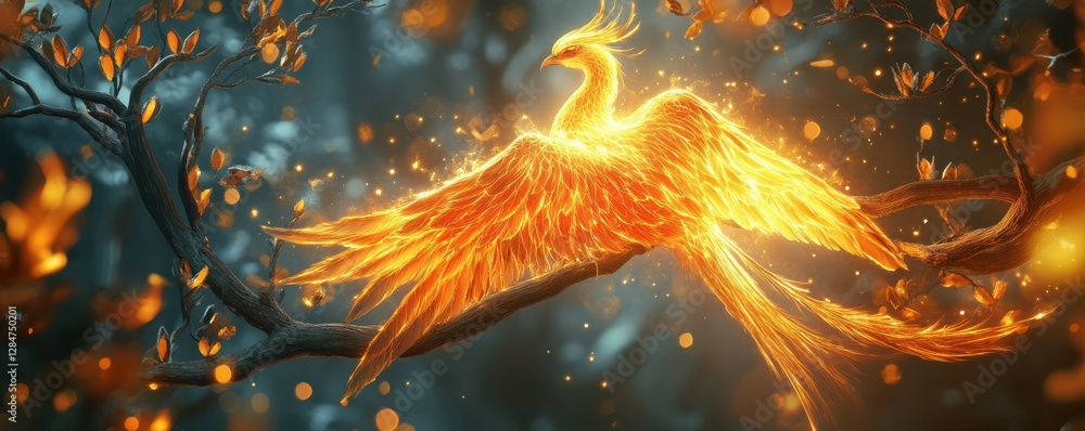 Poster glowing phoenix perched on branch with sparkling feathers in mystical forest setting