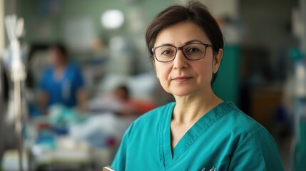 A portrait of a middle-aged Eastern European female nurse in scrubs, presenting a dedicated and confident demeanor within a hospital setting.