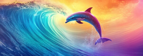 Vibrant dolphin leaping through a colorful ocean wave at sunset