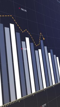 Animated blue bar graph, declining trend line, stock market, cryptocurrency crash, and economic loss, white arrow pointing down, indicating financial downturn, Copy space