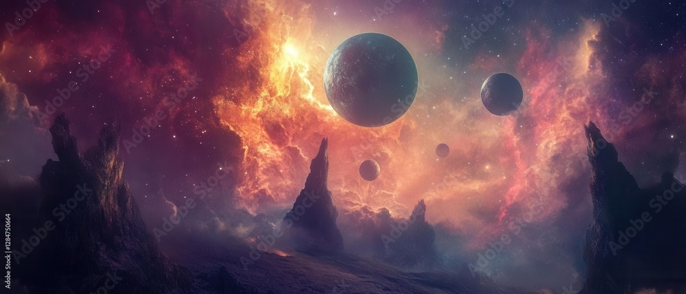 Poster futuristic exoplanet landscape with multiple moons and nebula clouds creating mysterious alien world