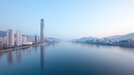 Naklejka premium Cityscape sunrise, river reflection, hazy mountains