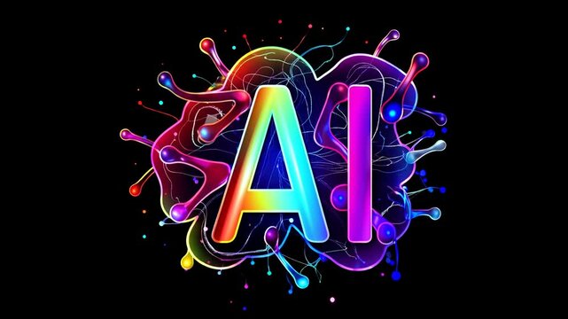 AI technology branding graphic featuring glowing digital particles swirling across dark futuristic canvas