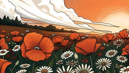 vibrant poppy flowers field at sunset with clouds in the background