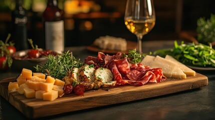 Gourmet Spanish Tapas Feast Artfully Arranged on Rustic Wooden Board Traditional Mediterranean Appetizers with Local Wines and Fresh Ingredients in Restaurant Setting