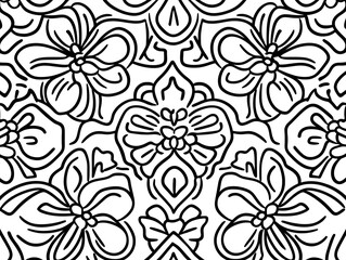 A symmetrical black and white floral pattern featuring decorative flowers