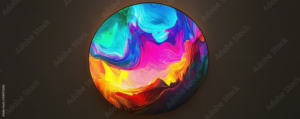 Poster vibrant abstract circular art with multicolored swirling patterns on dark background