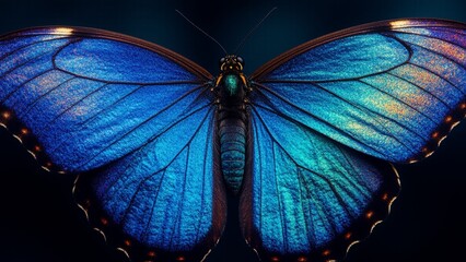 Ultra Sharp Macro Photograph of Iridescent Blue Morpho Butterfly Wing with Metallic Micro-Scales