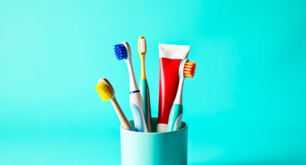 four colorful toothbrushes and a red toothpaste tube in a teal holder