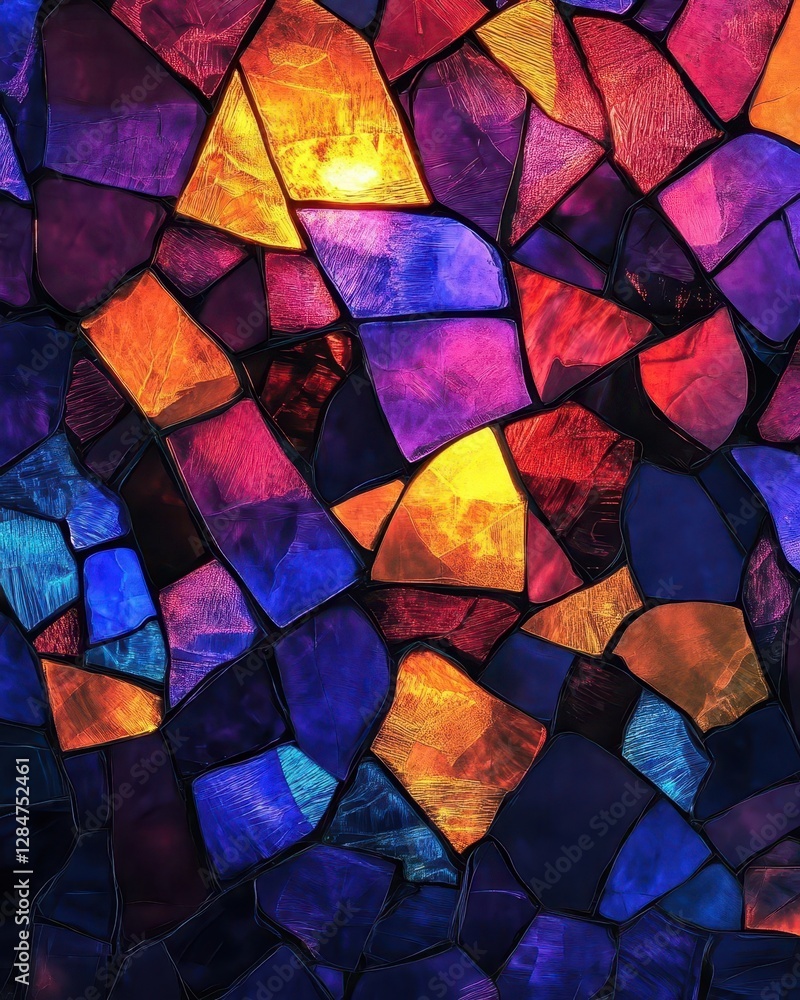 Poster intricate multicolored stained glass art with irregular dynamic patterns creating a captivating play