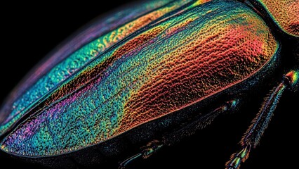 Ultra Sharp Macro Photograph of Metallic Beetle Wing with Iridescent Jewel Tones