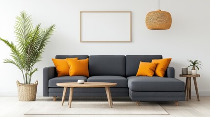 Living room with a grey couch and orange pillows
