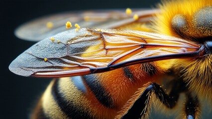 Ultra Sharp Macro Photograph of Honeybee Wing with Pollen Grains and Delicate Veins