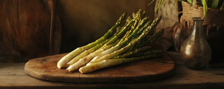 Fresh green and white asparagus spears on rustic wooden board in natural light