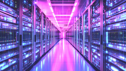 Fototapeta premium Cybernetic Data Vault: Neon-lit server room glows with an ethereal energy, symbolizing the digital heart of the information age, and offering a glimpse into the future of technology.