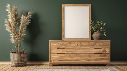 Wooden dresser with a white mirror and a potted plant in front of it