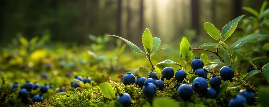 Sunlit blueberries in lush forest underbrush