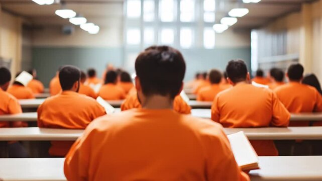 Inmates in orange uniforms studying during educational program, advancing personal development within correctional institution rehabilitation efforts in a prison - AI generated