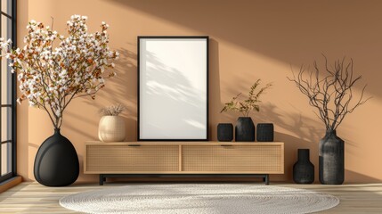 Room with a white framed picture on a wall and a black vase on a table