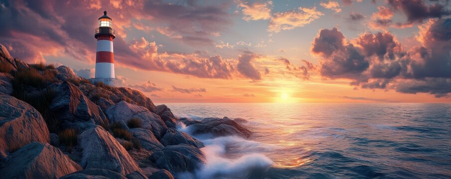 Majestic lighthouse at sunset by the rocky ocean coast