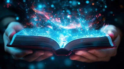 Magic book in hands, glowing light, mystery, fantasy, illustration
