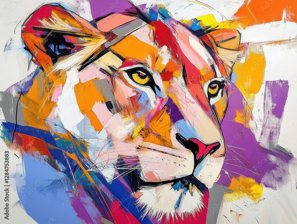 Aufkleber majestic abstract lion portrait with dynamic colorful brushstrokes and geometric patterns creating c