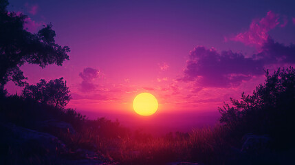 Vibrant Pink And Purple Sunset Landscape With Silhouetted Trees