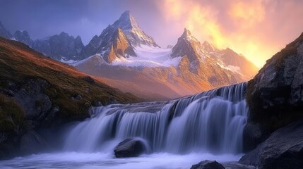 Majestic Alpine Waterfall Cascading Through Snow-Capped Mountains with Morning Mist and Golden Sunlight