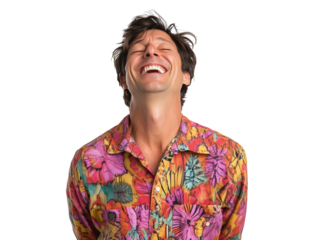 A delighted man smiling and closing his eyes with happiness, isolated on a white background, full-length 