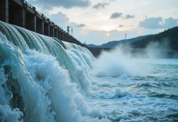 Close-up of a hydroelectric dam with powerful water flow, blurred industrial landscape background
