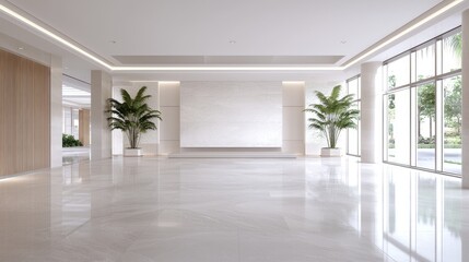 Fototapeta premium Empty modern lobby, spacious interior, large windows, green plants, inviting atmosphere, for real estate