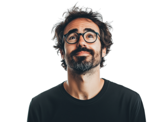 An interested man tilts his head, squinting, with curiosity in his gaze, isolated on a white background full-length