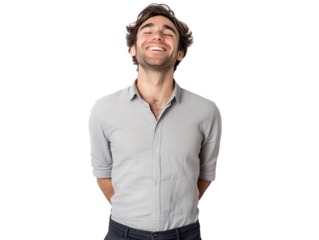 A delighted man smiling and closing his eyes with happiness, isolated on a white background, full-length 