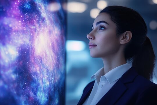 A businesswoman gazes at a large screen displaying a vibrant nebula, contemplating the cosmos.