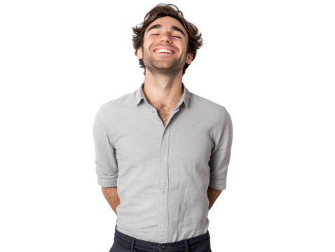 A delighted man smiling and closing his eyes with happiness, isolated on a white background, full-length 