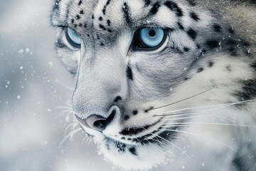 Naklejka premium Majestic Snow Leopard Portrait in Dramatic Winter Light with Intense Gaze and Crystalline Frost Details