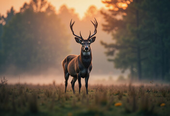 Majestic deer standing in a misty forest at dusk, blurred background of trees fading into twilight, peaceful and atmospheric composition