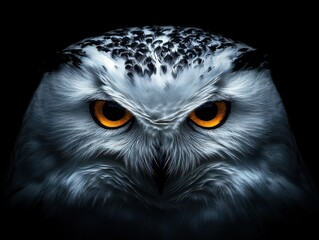 Fototapeta premium Majestic Snowy Owl Portrait with Piercing Yellow Eyes and Detailed White Feathers Against Dark Background Wildlife Photography