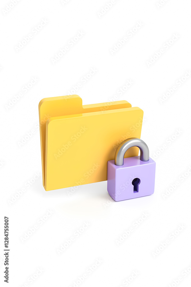 Poster 3d render of yellow folder and purple padlock illustrating data security