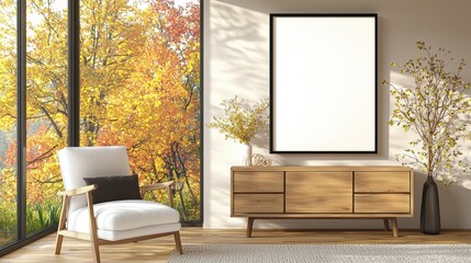White chair is placed in front of a window with a view of trees in autumn