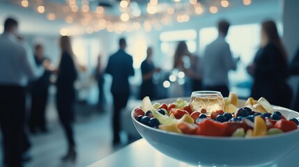 A fruit platter sits in the foreground with a blurry background of people socializing at a corporate event.